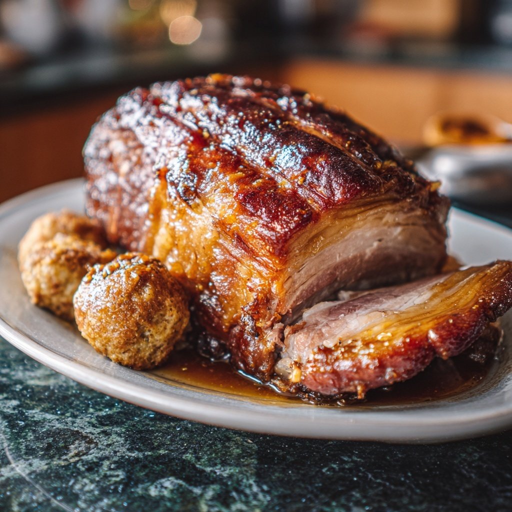 Schweinekrustenbraten mit Biersauce und Semmelknödeln​