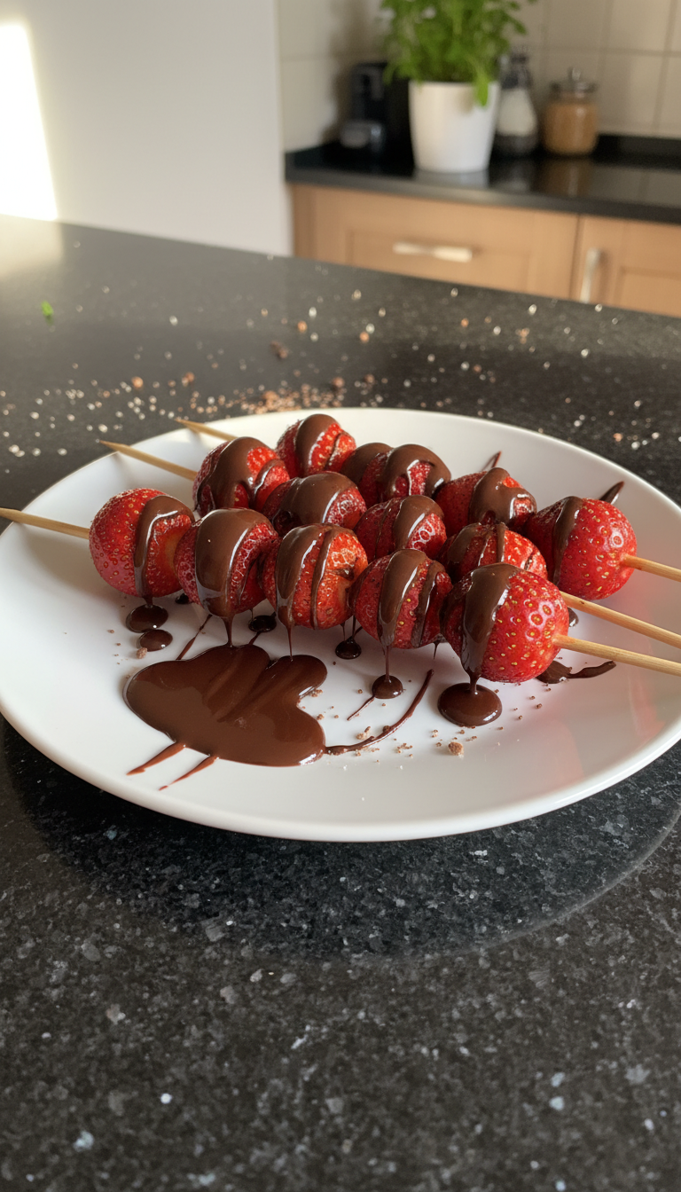 Mit Schokolade Beträufelte Erdbeer Spieße​
