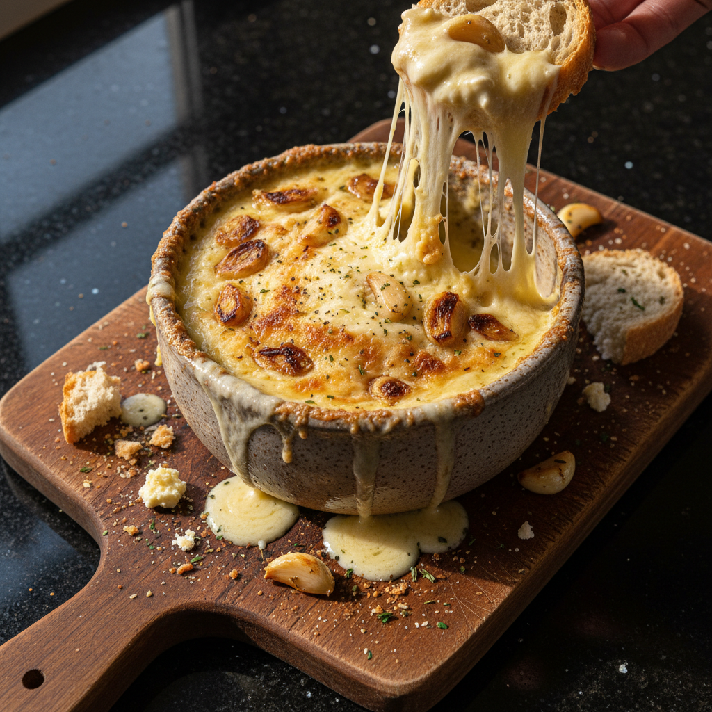 Geröstetes Knoblauch Ziegenkäse Fondue